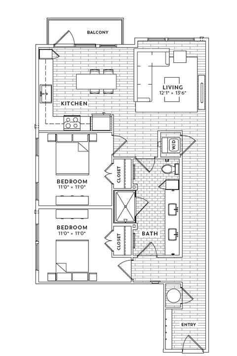 Floor plan for 2 beds, 1 bath, 1022 sqft